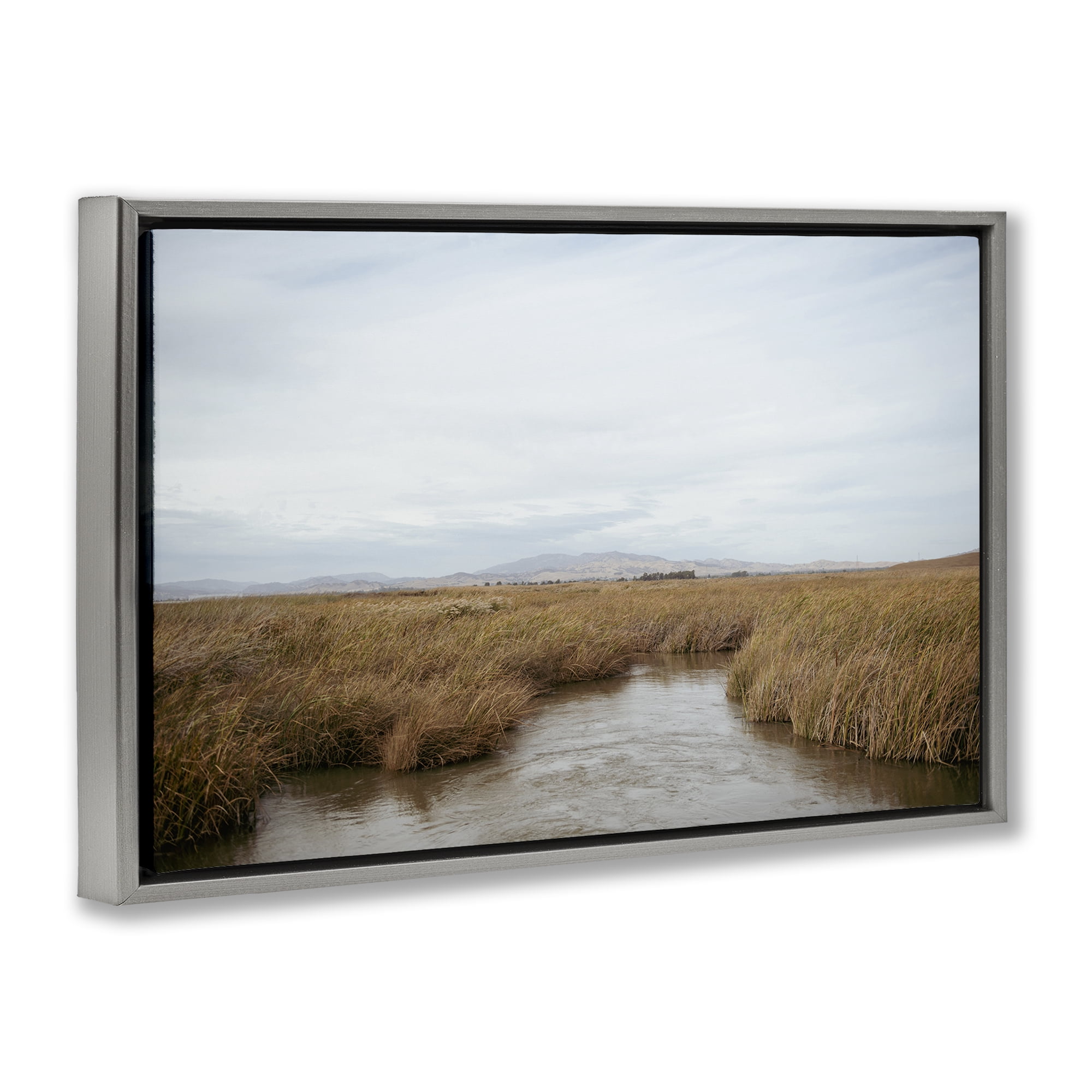 Stupell Industries Marshland Stream View Landscape & Nature Photography Gray Floater Framed Canvas Art Print Wall Art, 31 x 21
