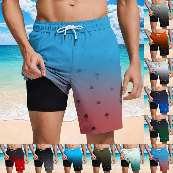 FRSASU Mens Swim Trunks with Compression Liner 5 inch Inseam Quick Dry 2 in 1 Tropical Graphic Swimming Board Shorts Beach with Zipper Pockets White