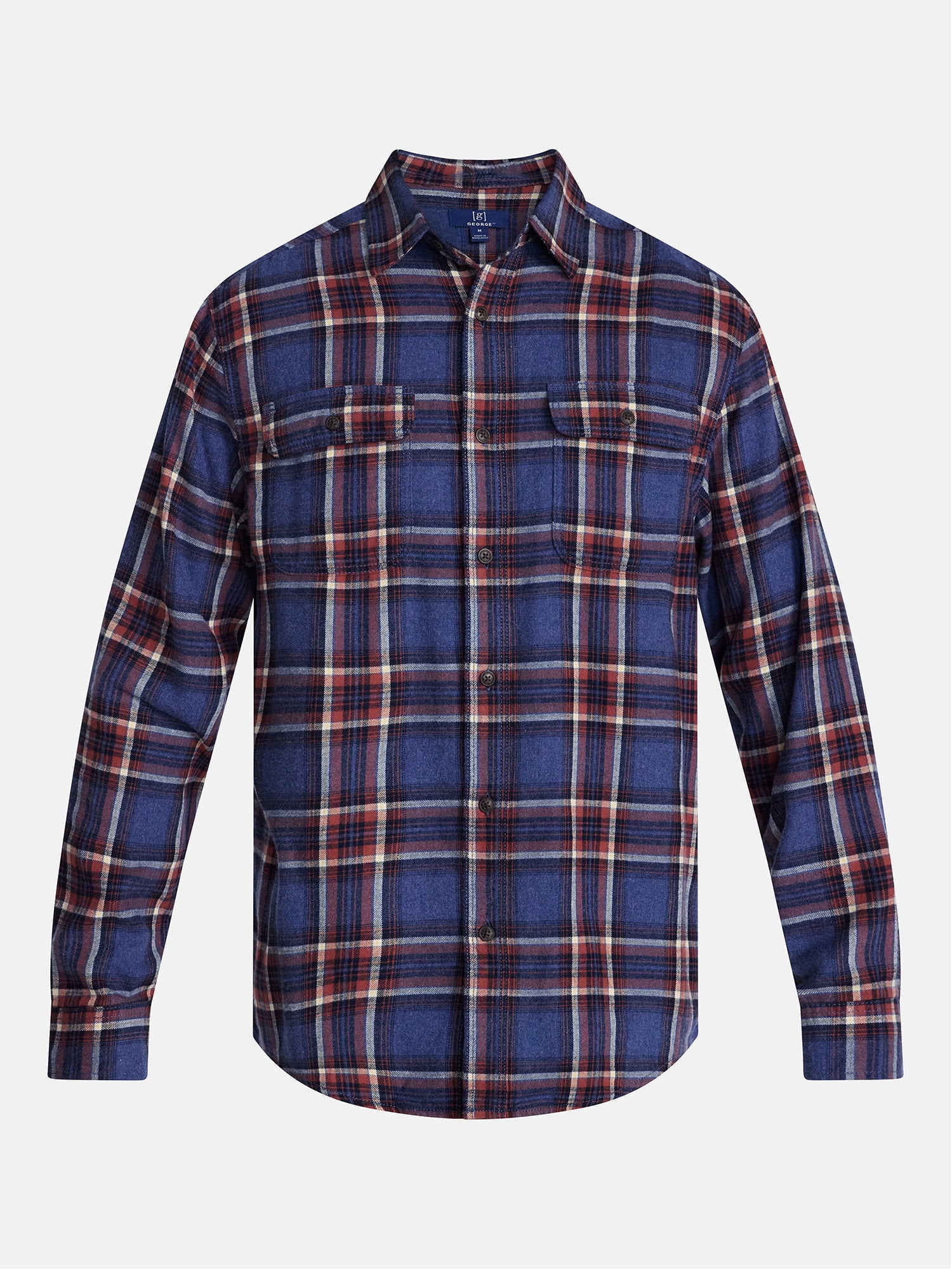 George Men's and Big Men's 100% Cotton Plaid Flannel Shirt with Long Sleeves, Sizes XS-3XL, 2XB-5XB & Tall XLT-3XLT