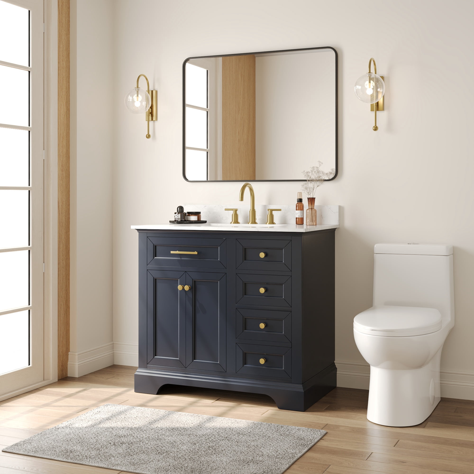 36" Bathroom Vanity Ceramic Sink Top with Backsplash, Pre-assembled Bathroom Cabinet Navy Blue