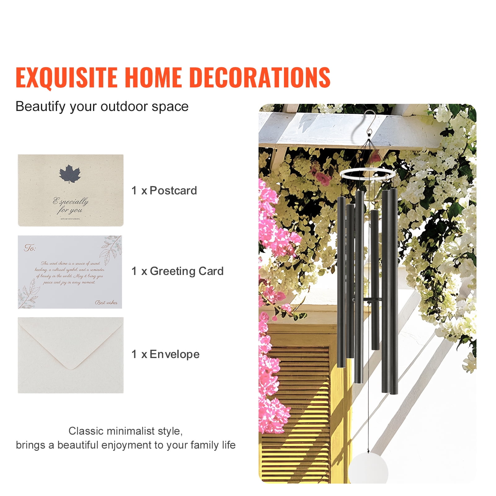 KFFKFF Outdoor Wind Chimes, 66 inches, Richly Toned Wind Chimes with 6 Tubes, Distinctive Large Commemorative Wind Chimes for Anniversary, Remarkable Exterior Adornment for Your Patio,Backyard, Black