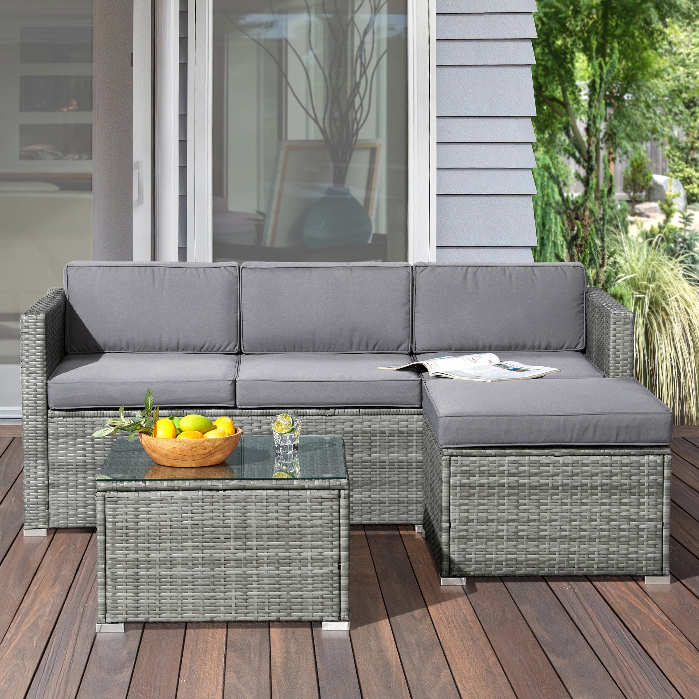 Lavish Home 3-Piece Cushioned Rattan Sectional Sofa Outdoor Patio Furniture Set, Gray