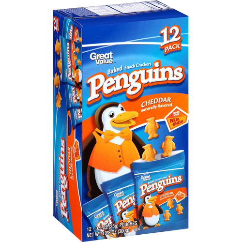 Great Value Penguins Cheddar Baked Snack Crackers, 0.9 Oz., 12 Count