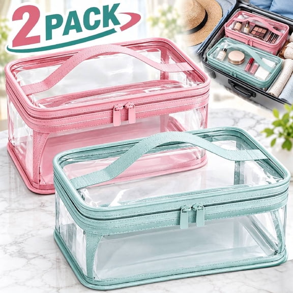 2 Pack Large Clear Makeup Bag, Big Travel Cosmetic Bag, Leakproof Nylon Toiletry Bag with Handle Transparent and Double Zipper, Pouch for oiletries, Makeup, Jewelry Storage