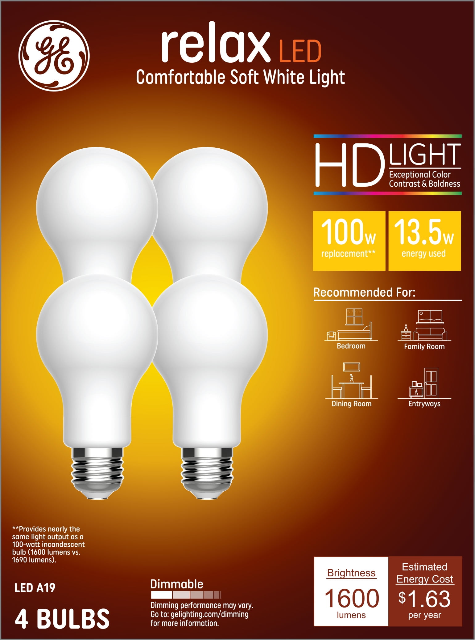 GE Relax LED Light Bulbs, 13.5 Watt (100 Watt Equivalent) Soft White, A19 General Purpose Light Bulbs, Medium Base, Dimmable (4 Pack)
