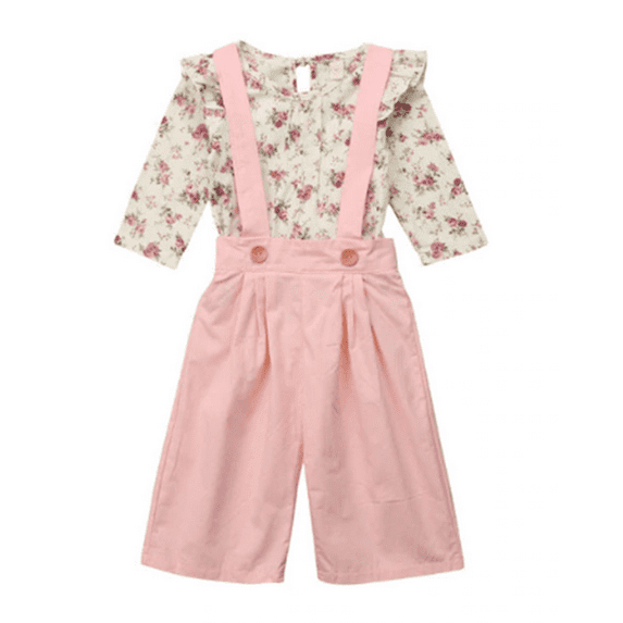 Baby Toddler Girls Purple Floral Ruffle Blouse and Pink Wide Leg Pants with Suspender 2pcs (110/2-3 Years)