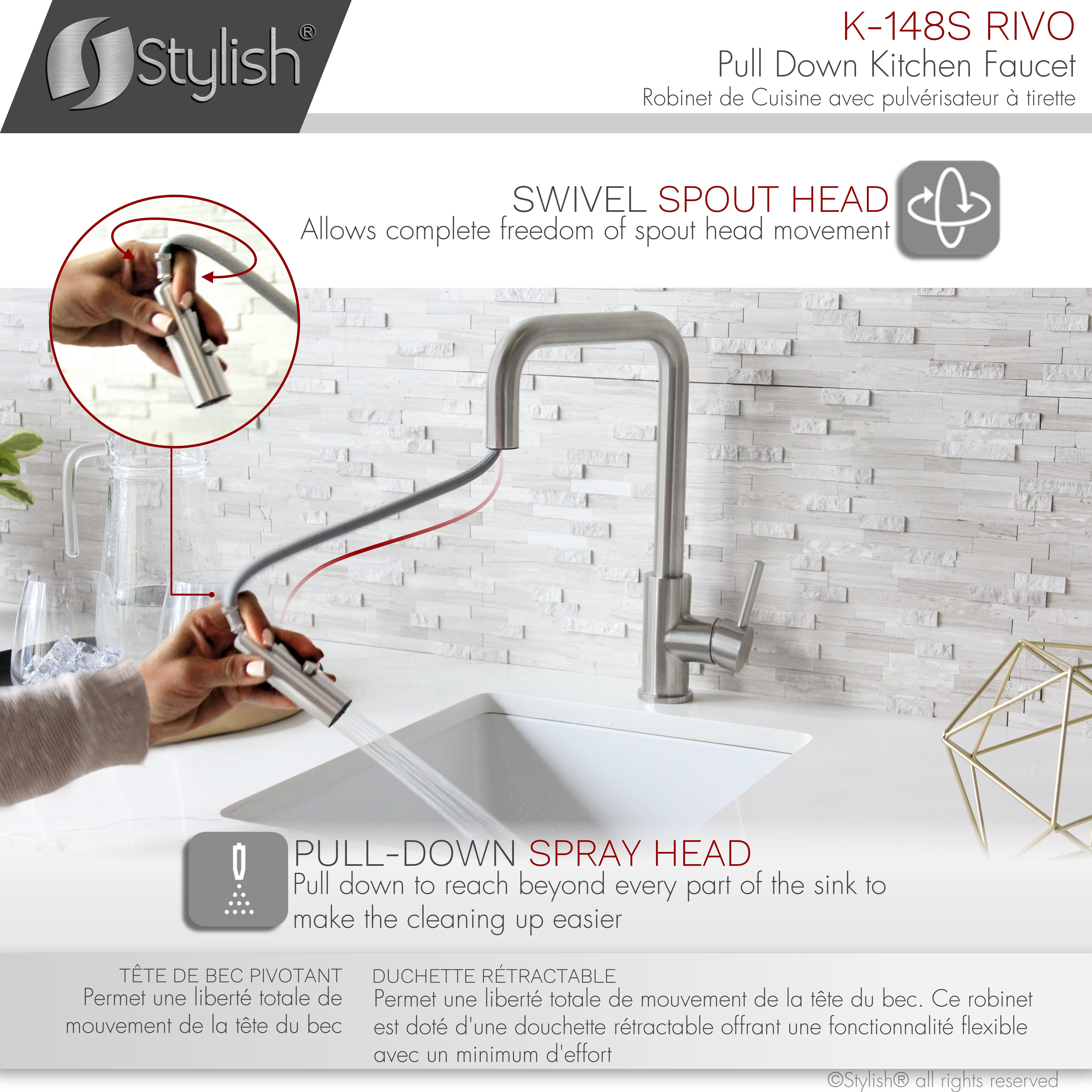 Stylish Rivo One-Handle Stainless Steel Pull Down Kitchen Faucet Height 14" K-148S