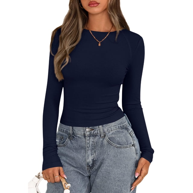 Remera PRETTYGARDEN de Manga Larga Ajustada con Textura Acanalada Azul Marino XL