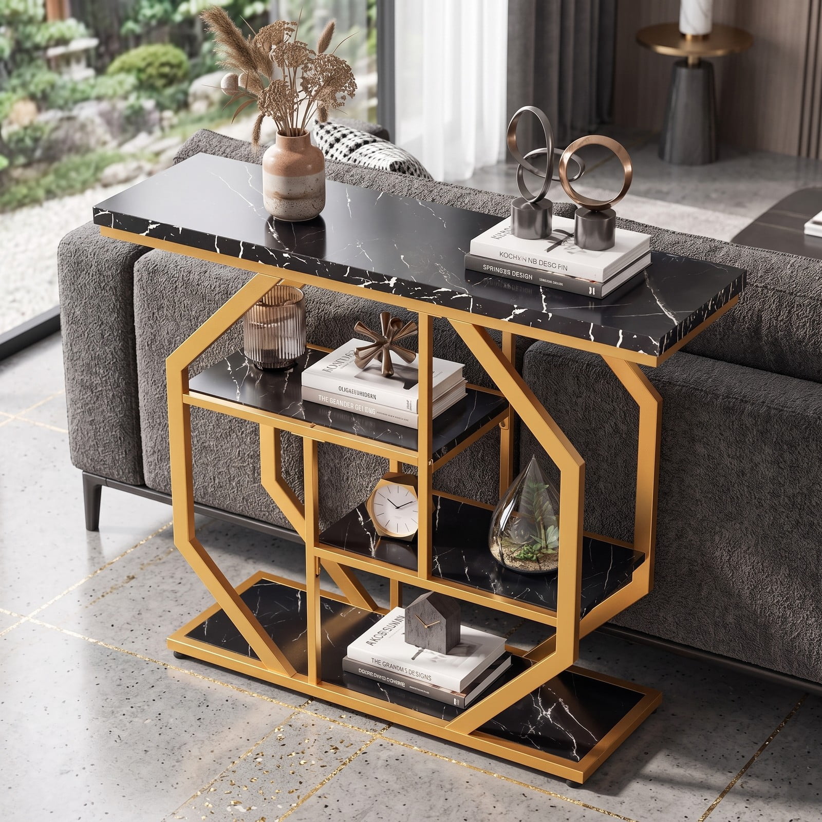 Furnibear Modern Sofa Table Behind Couch 4-Tier Console Table with Faux Marble Tabletop and Open Shelves, Black and Gold
