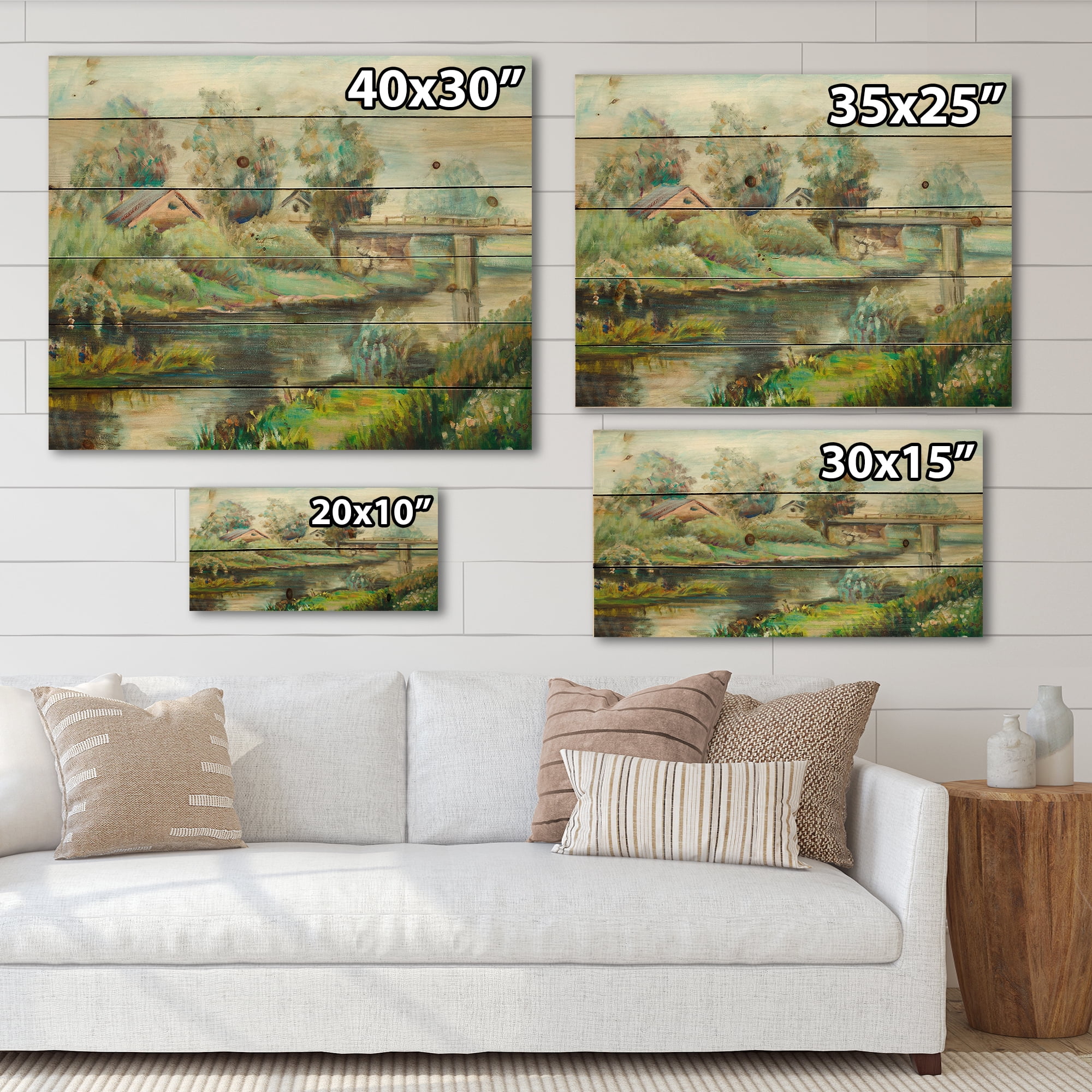 Designart 'Rustic Landscape With Bridge On The River' Lake House Print on Natural Pine Wood