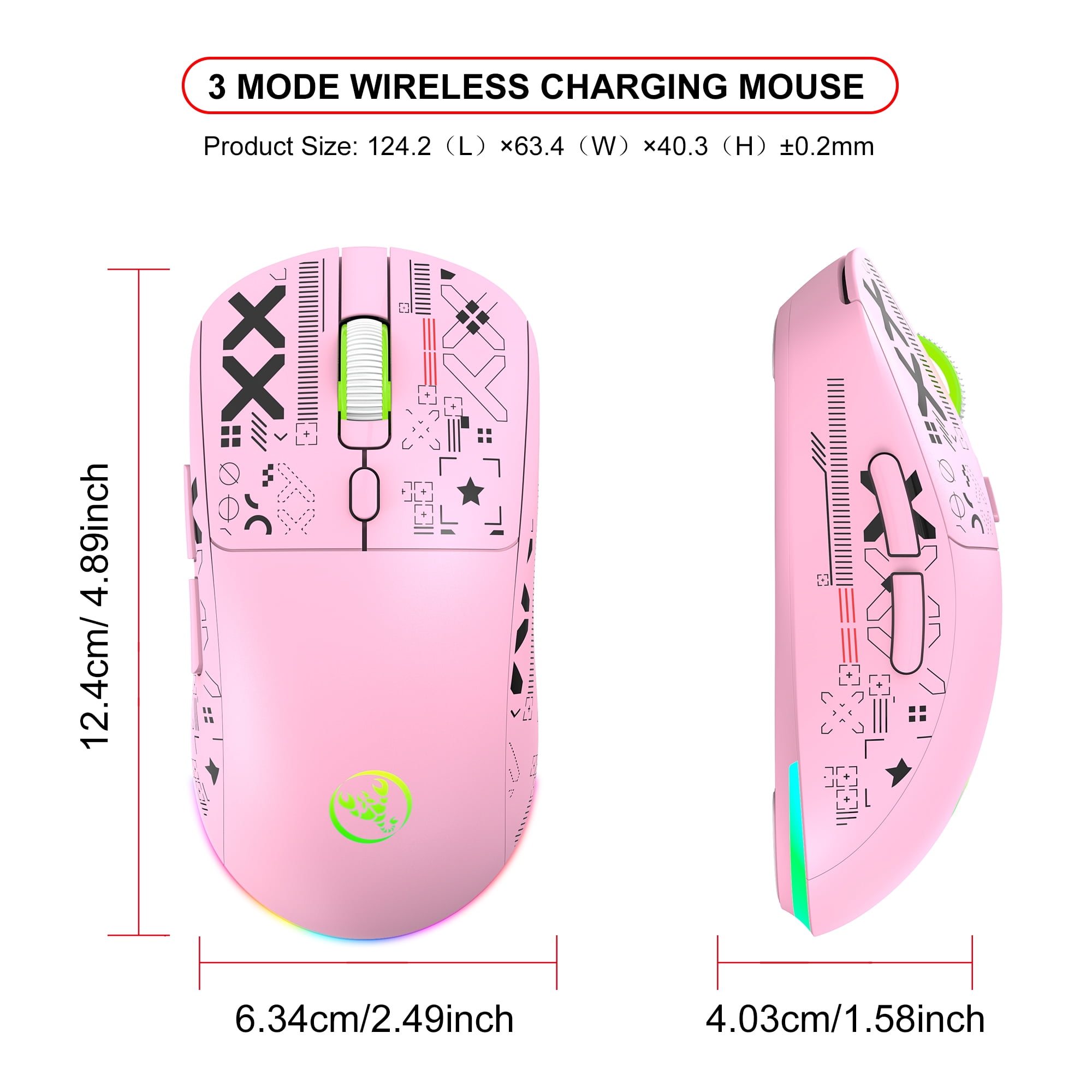 UHM Wireless Gaming Mouse,Colorful RGB Backlight,3600 DPI,Long Battery Standby,3 Mode USB-C/2.4G/Dual Bluetooth 5.3 Portable Rechargeable Gaming Mice for PC/PS5/Mac Computer and Laptop/Tablet,Pink