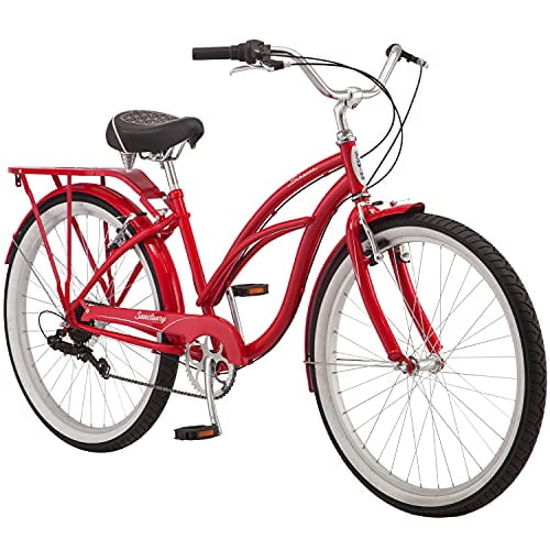 Schwinn Sanctuary 7 Comfort Cruiser Bike, Featuring Retro-Styled 16-Inch/Small Steel Step-Through Frame and 7-Speed Drivetrain with Front and Rear Fenders, Rear Rack, and 26-Inch Wheels, Red