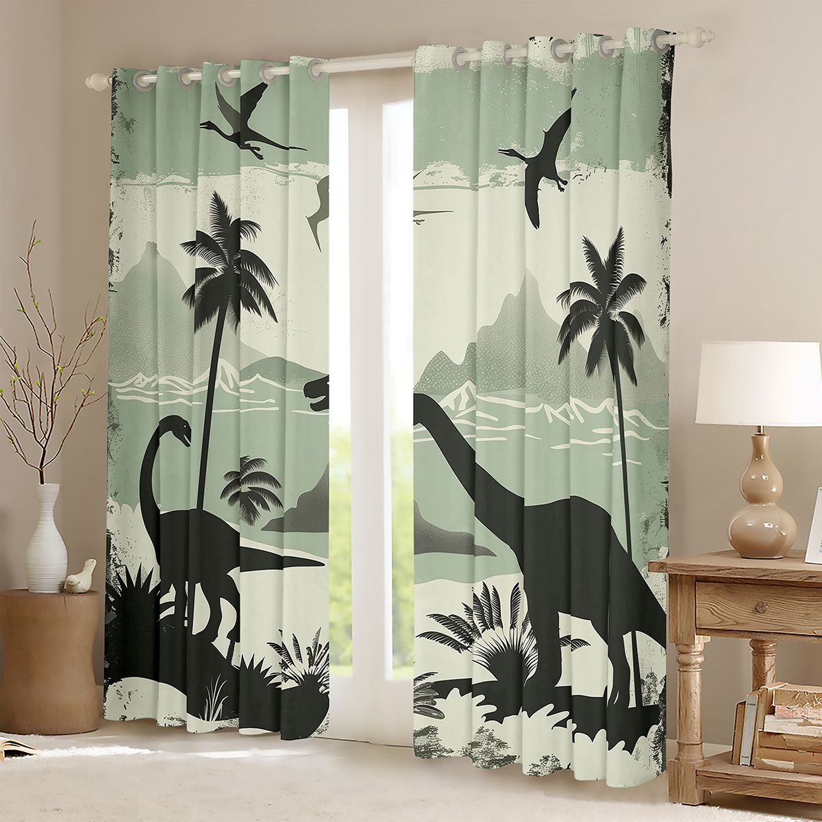 Manfei Vintage Wild Dino Black Out Curtains,Coconut Tree Curtains Pack of 2 (42x63 Each),Green Beige Bedroom Curtains For Men Women,Ultra Soft Home Decor