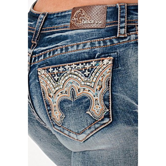 Grace in LA Women's Embroidery Rhinestone Embellished Bootcut Stretch Jeans (25, Blue Stonewashed)