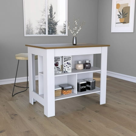 CoSoTower Kitchen Island, Kitchen Table 35" H, Four Legs, Three Open Storage Shelves, White / Walnut