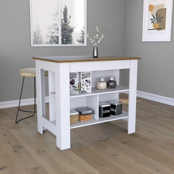 CoSoTower Kitchen Island, Kitchen Table 35" H, Four Legs, Three Open Storage Shelves, White / Walnut