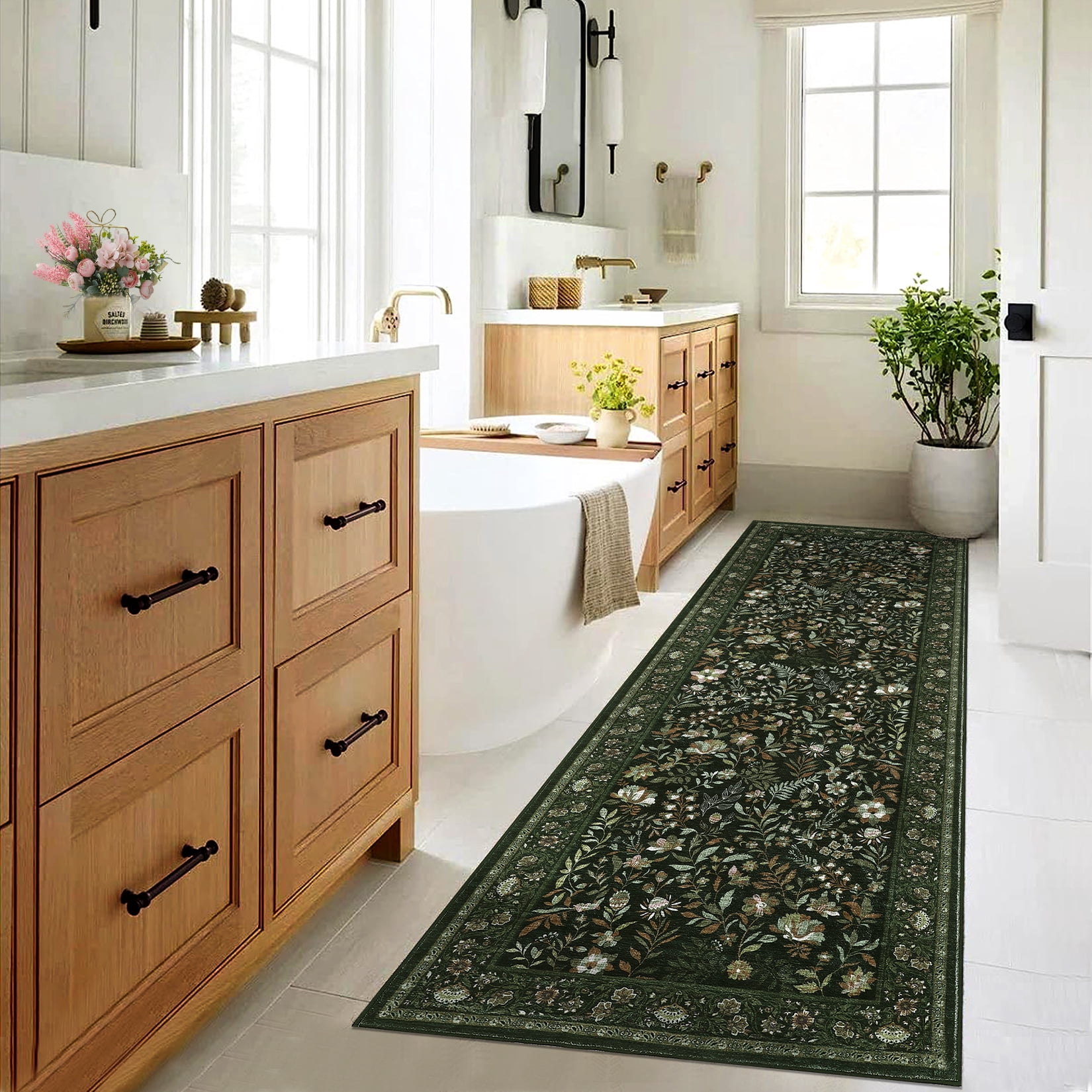 Tzou Floral Washable Runner Rugs for Living Room, 2x6ft Vintage Non-Slip Boho Carpet, Soft Stain-Resistant Indoor Rug for Bedroom, Office(Dark Green)
