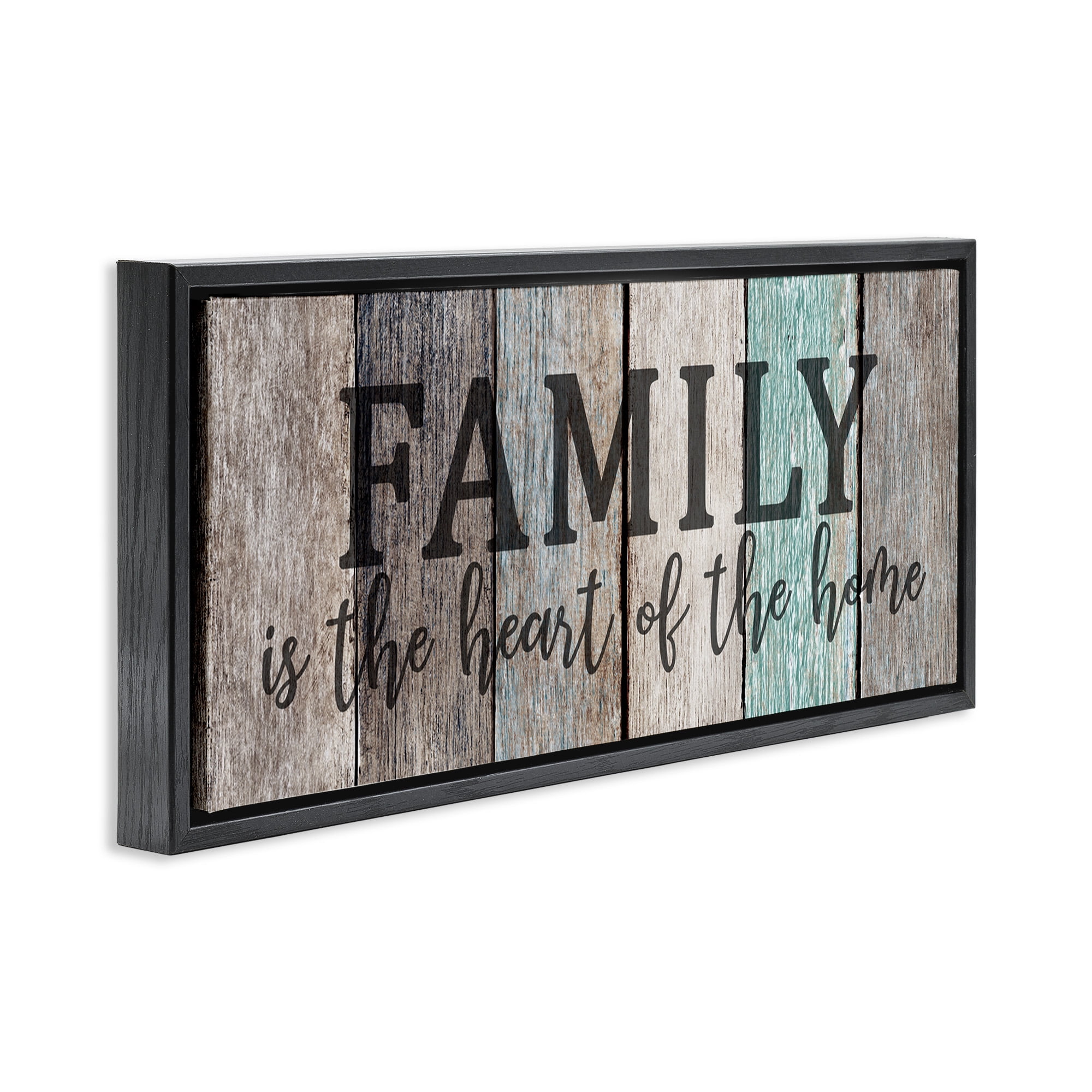 Stupell Industries Family is Heart of Home Quote Inspirational Painting Black Floater Framed Canvas Art Print Wall Art, 25 x 11