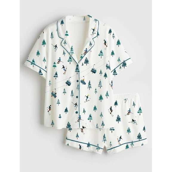 Ski Resort Print Pajama Set | Short & Long Pants Winter Sleepwear for Women