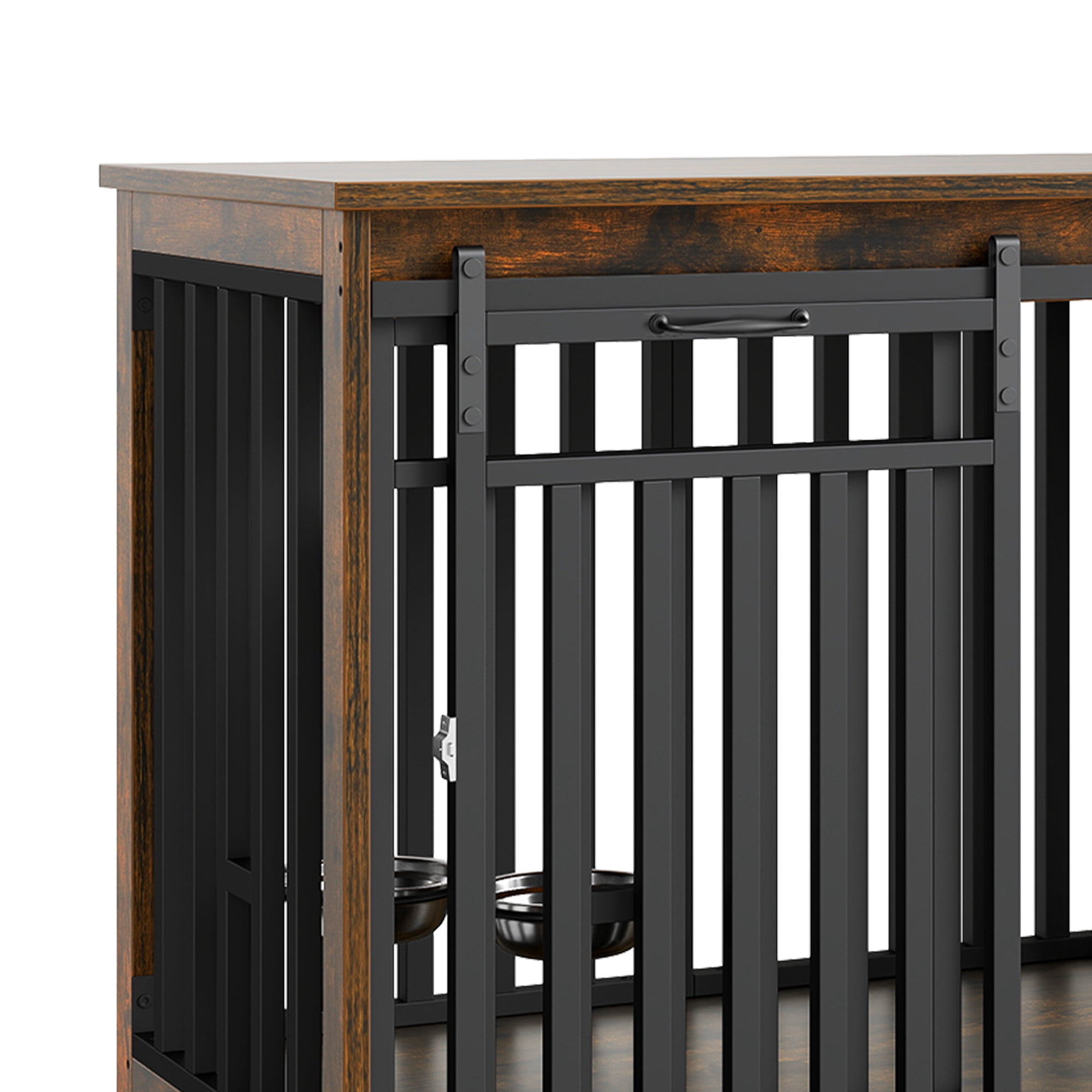 Dextrus 71" Dog Crate Furniture with 4 Dog Bowls for 2 Dogs, Heavy Duty Wooden Dog Kennel Crate TV Stand - Rustic Brown
