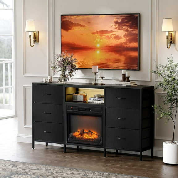 VINGLI Fireplace TV Stand Dresser with Fabric Drawer, Entertainment Center with LED Lights and Industrial TV Console Table with Open Storage Shelves for Living Room, Bedroom
