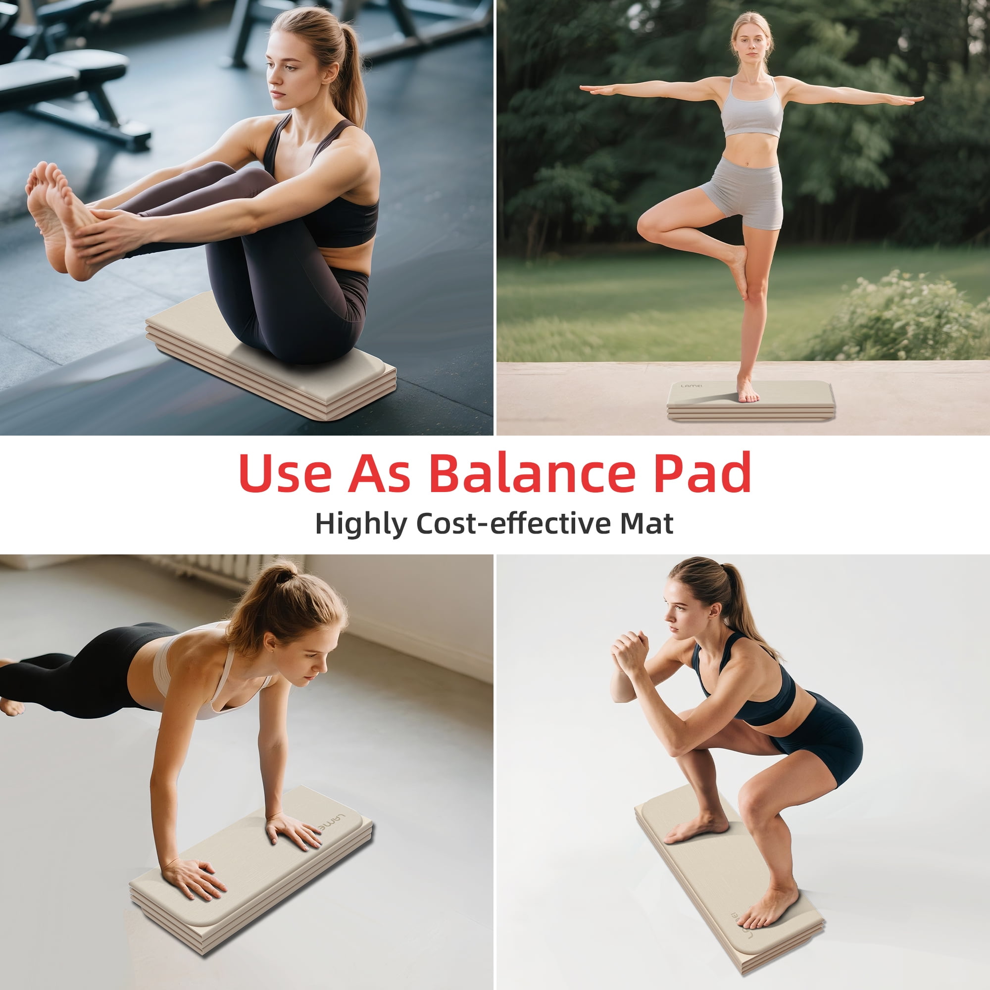 Lamei Foldable Yoga Mat, Extra Thick 1/2 inch Exercise Mat for Home Workout, Non-Slip Pilates Mats, Easy Storage, Quick Fold, No Curl(Beige)