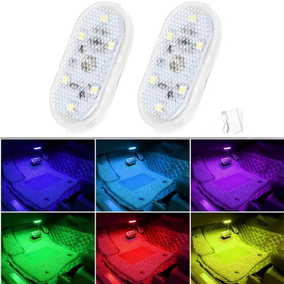 HIBIBUD 2 Pcs Car LED Lights Interior, 7 Colors LED Interior Car Lights with 6 Bright LED Lamp Beads, Portable Night Reading Light Car Interior Atmosphere, USB Rechargeable Lighting Light