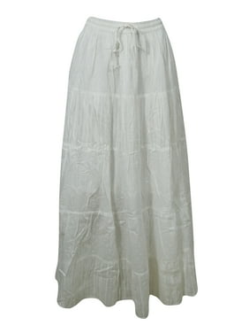 Mogul Women Maxi Skirt White Cotton Gauze Embroidered Gypsy Chic Hippie Beach Long Flare Skirts M/L