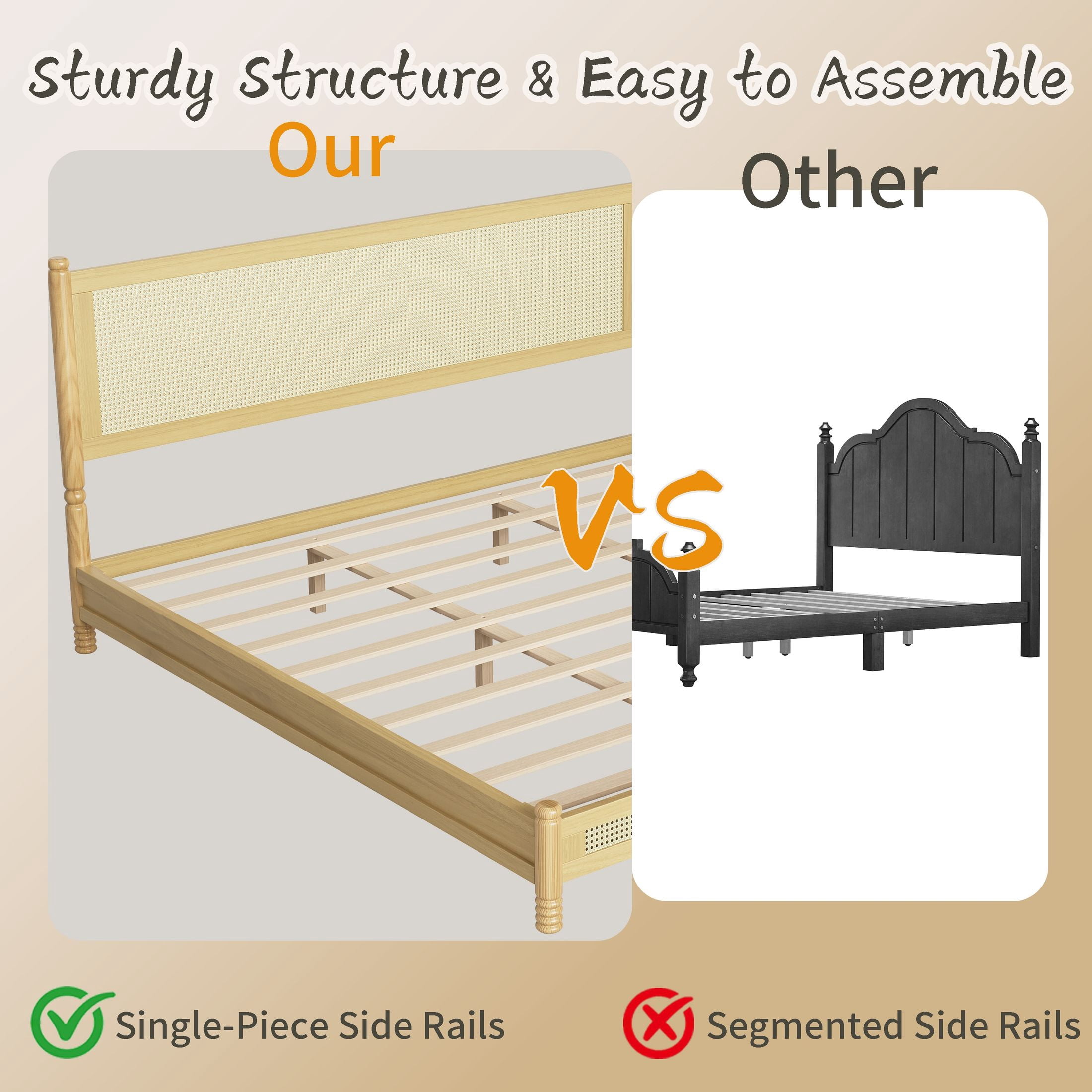 GDF Studio Annes King Size Boho Rattan Platform Bed Frame with Turned Legs, Woven Cane Pine Wood Bed Frame, Natural