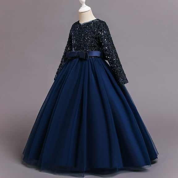 Girl Navy Blue Gown Dress with Sleeves and Rhinestone for wedding, pageant, graduation, birthday ages 7 years old.