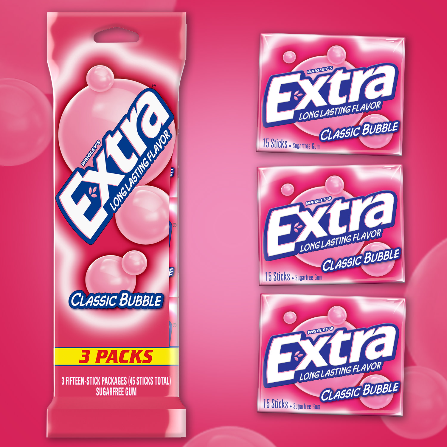 Extra Classic Bubble Gum Sugar Free Back to School Chewing Gum- 3 Pack - image 3 of 15