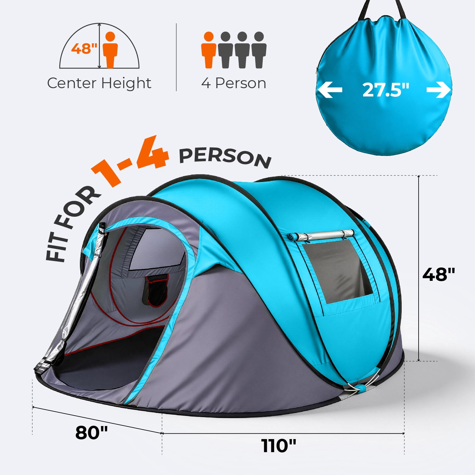 3-4 Person Instant Pop-Up Camping Tent, Waterproof 210T Polyester Tent with Front Awning, Dual Mesh Doors & Storage Pockets, Portable for Camping Beach Festival Backyard