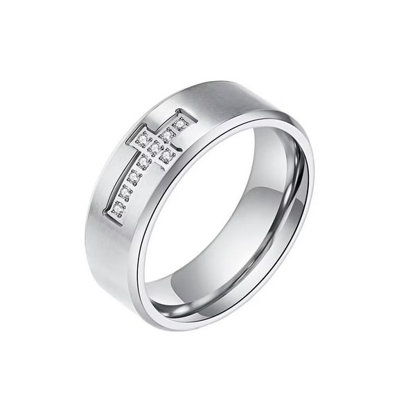 PAMTIER Unisex Stainless Steel 8mm Creative Simple Cross Ring with Crystal AAA Zirconia Inlay Wedding Band Comfort Fit Silver Size 7