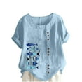 thumbnail image 2 of Teissuly Women Casual Cotton And Linen Top Ocean Fish Printed Short Sleeve Button Tunic T-shirt Blouse Tops, 2 of 4
