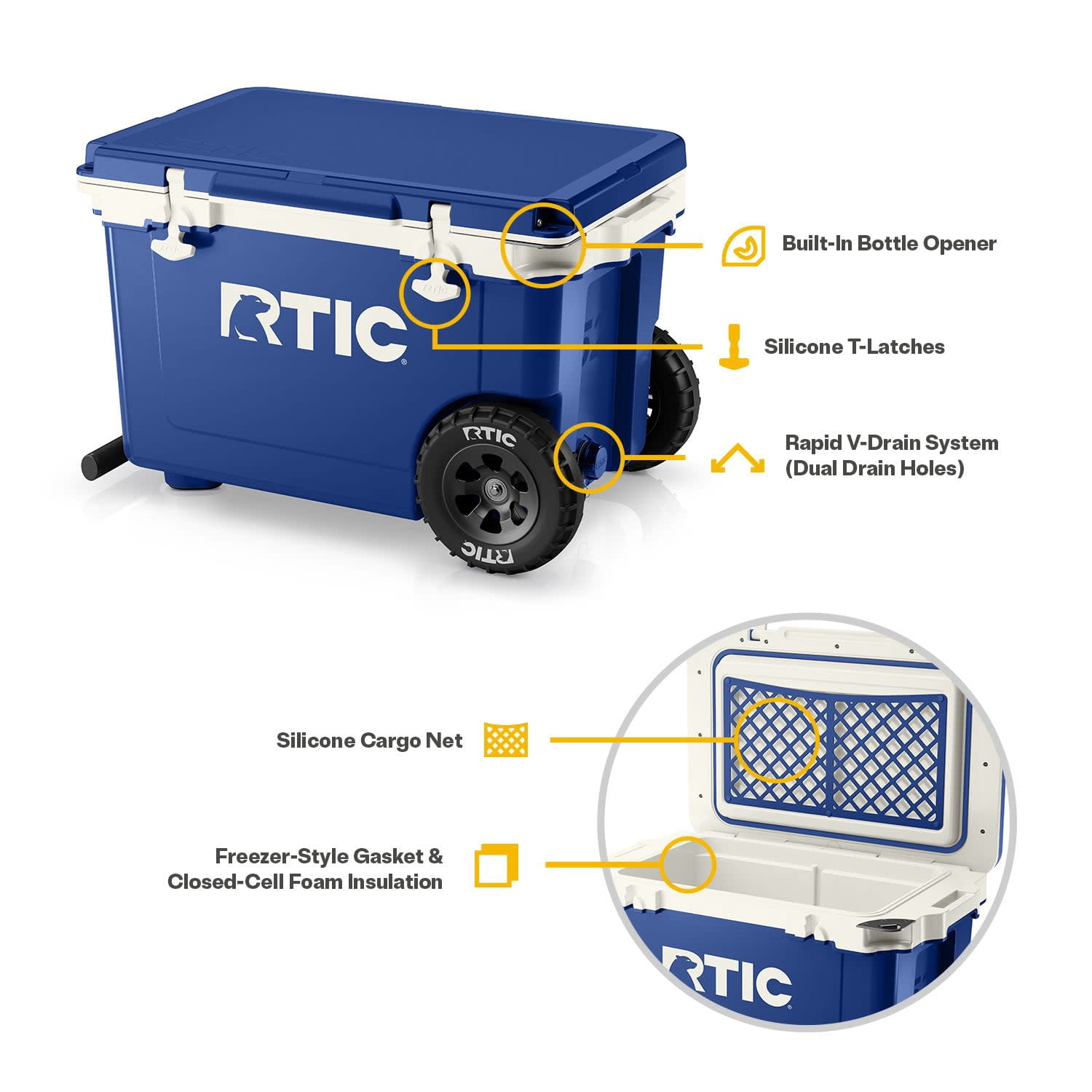 RTIC 52 QT Wheeled Hard-Sided Ice Chest Cooler, Ultra-Light, Fits 76 Cans, Cobalt & White