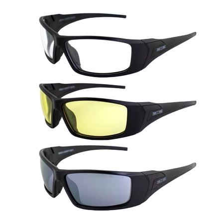 Epoch Eyewear Liberator Sport Sunglasses 3 Pair Black Frames with Clear Smoke & Yellow Lenses