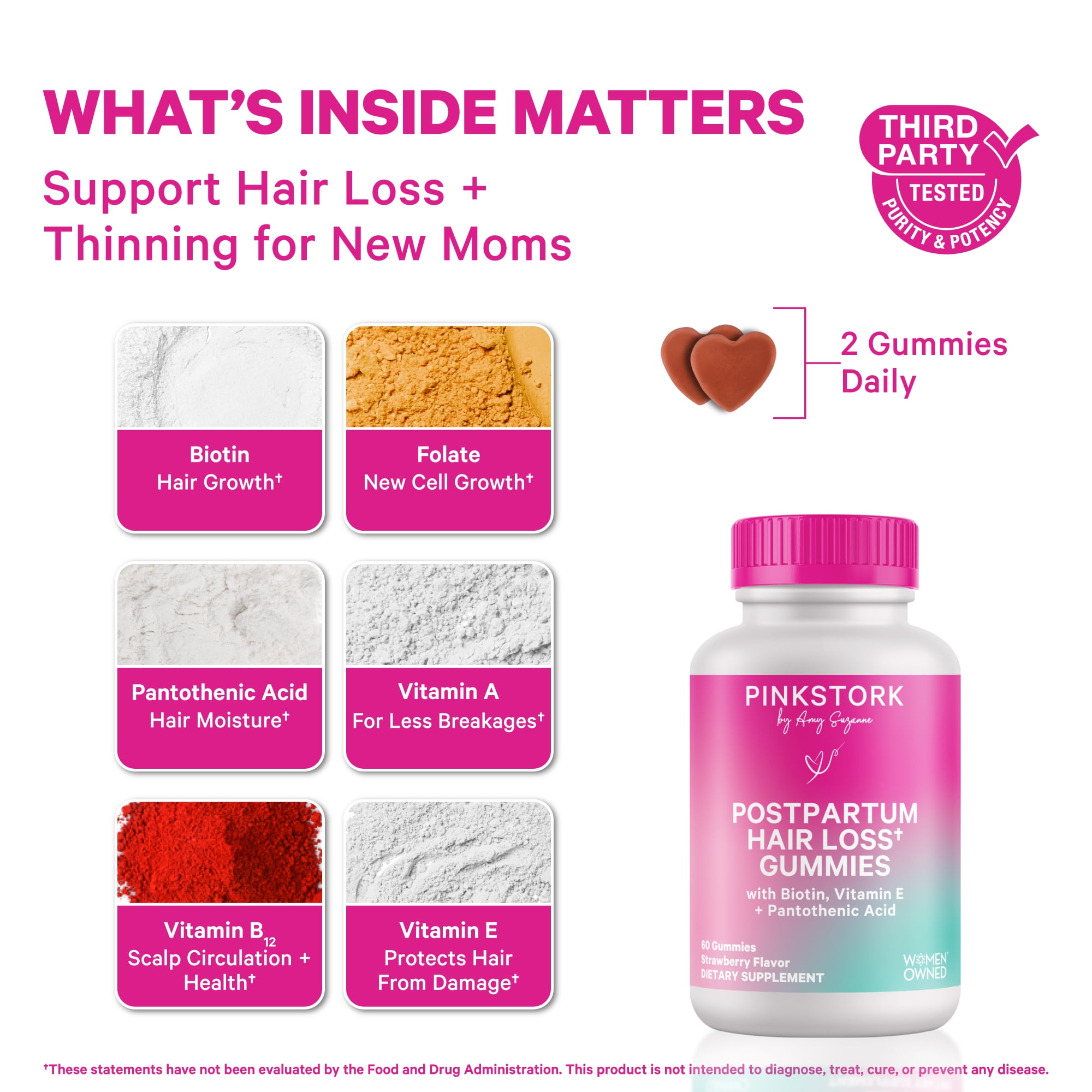 Pink Stork Postpartum Hair Loss Gummies, Biotin Hair Skin + Nails Vitamins, 60 Count