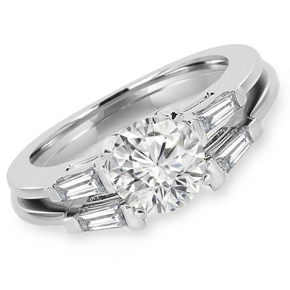 MD170353-5.25 1 CTW Round Diamond Solitaire with Accents Engagement Ring & Wedding Band Set in 14K White Gold, Size 5.25