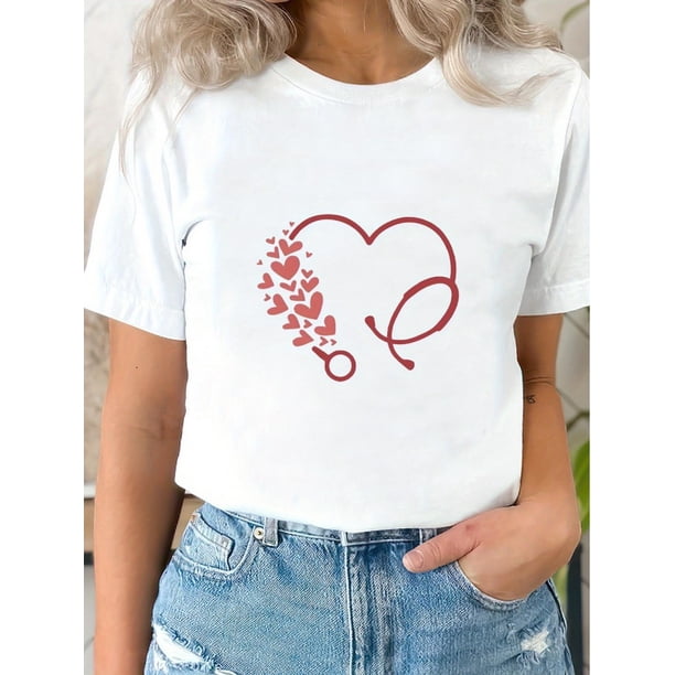 Valentine's Day Nurse Appreciation Gift - Women's Casual T-Shirt with Heart & Stethoscope Design - BCamisetas para mujer, lindas camisetas con estampado gráfico, de manga corta, estilo casual, para ve