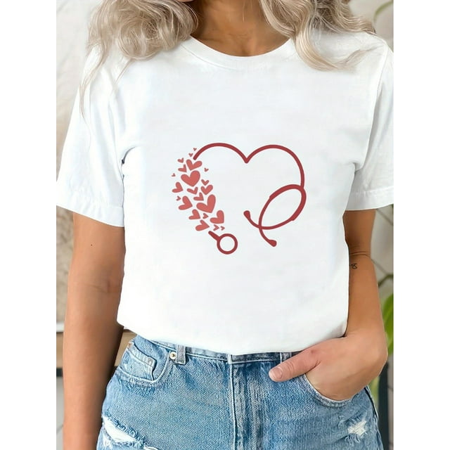 Cadeau de Saint-Valentin pour Infirmière - T-Shirt Décontracté pour Femmes avec Design Cœur & Stéthoscope - Respirant, Confortable, Manches Courtes Col Rond - Idéal pour Activités Extérieures & Voyages