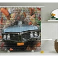 thumbnail image 1 of Cars Shower Curtain Set, Graffiti Featured Graphic of Crashing Automobile on A Brick Wall Underground Street Style Design, Bathroom Decor, Multi, by Ambesonne, 1 of 1