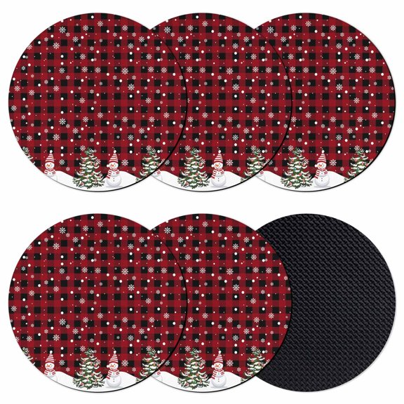Red Plaid Christmas Coasters Set of 6, Absorbent Coasters for Drinks, Snowflake Snowman Xmas Tree Rustic Checkered Coaster for Desk Coffee Table Protection, Home Decor House Warming Gifts 4"