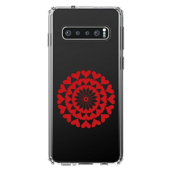 DistinctInk Clear Shockproof Hybrid Case for Samsung Galaxy S10  PLUS (6.4" Screen) - TPU Bumper Acrylic Back Tempered Glass Screen Protector - Red Hearts Mandala