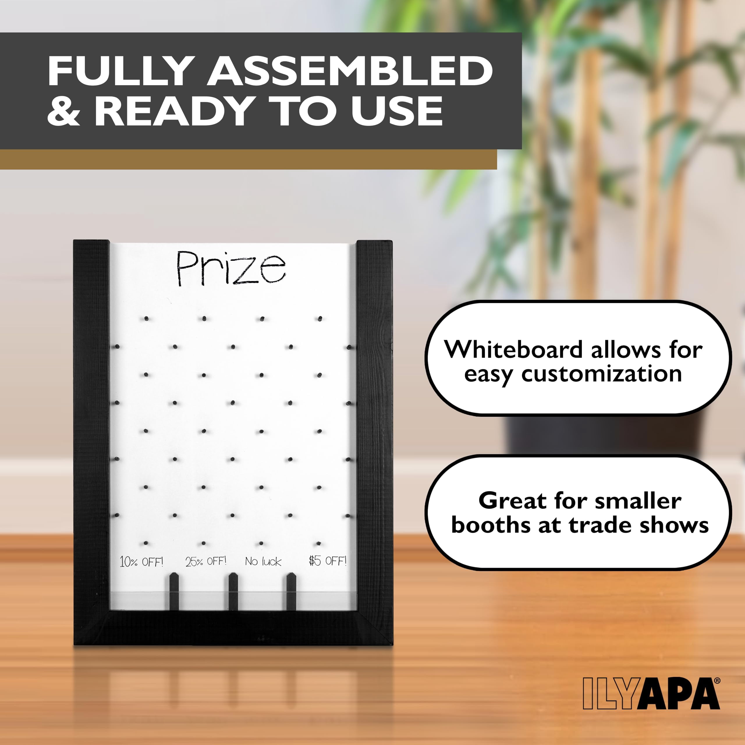Ilyapa Tabletop Plinko Board Game - 13x17 Inch Portable Prize Drop Plinko Board for Events and Trade Show - Penny Drop Game Includes 8 Coin Discs, Wooden A-Frame Whiteboard Sign, Eraser