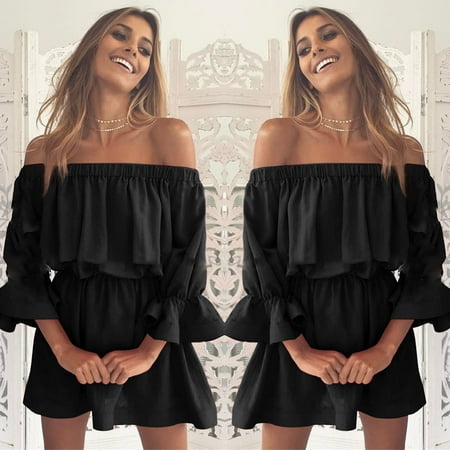 Holiday Womens Bag - Women Flare Sleeve Off Shoulder Holiday Dress Ladies Summer Dress Black/M