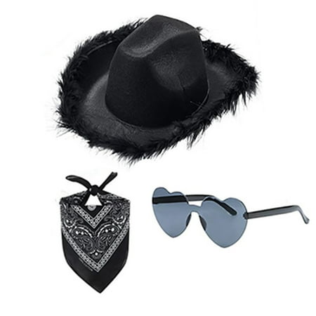 

JANGSLNG 3Pcs/Set Faux Feather Edge Wide Brimmed Solid Color Hat Headscarf Glasses Set Western Style Cowgirl Hat Cashew Nut Print Headscarf Heart Glasses Set