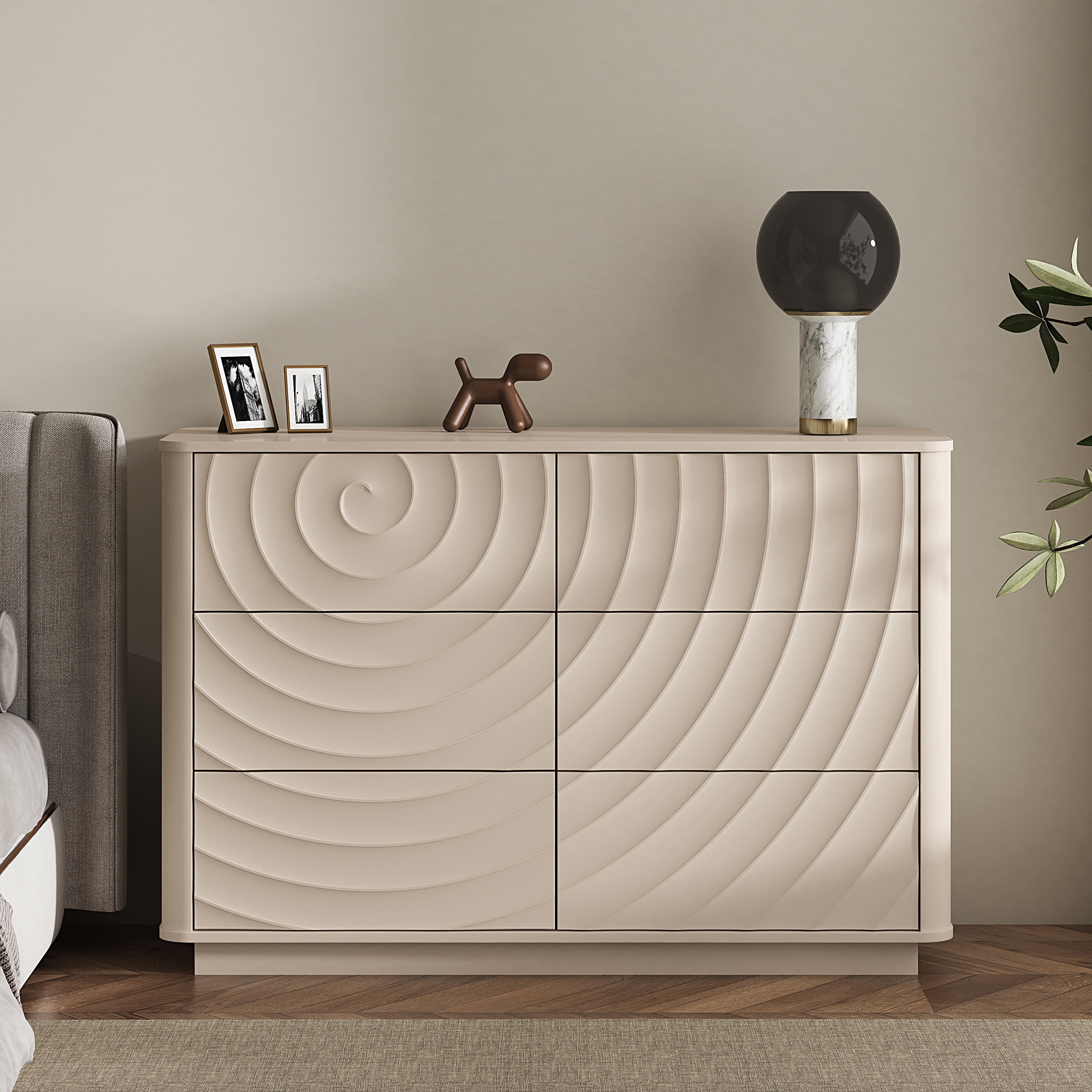 6-Drawer Dresser 46.5-Inch with Handle-Free Ripple Design, Modern Chest of Drawers and Clothes Storage Organizer for Bedroom Closet, Warm Off-White