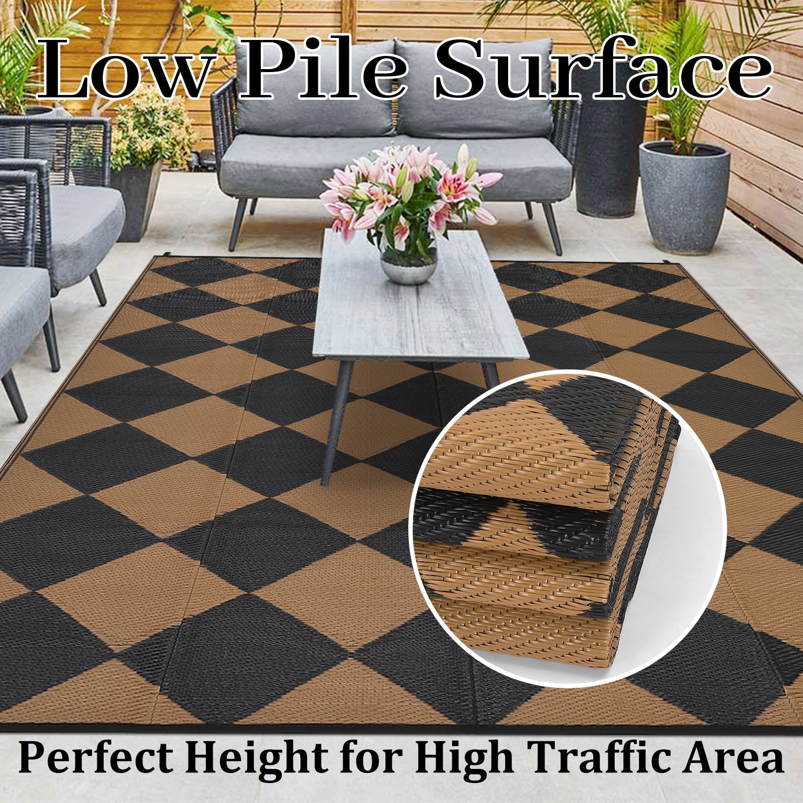 Twister.CK Outdoor Rug 9'x18' Waterproof Patio Rug, Reversible Lightweight Plastic Carpet for Deck Balcony Porch Decor, Black and Brown