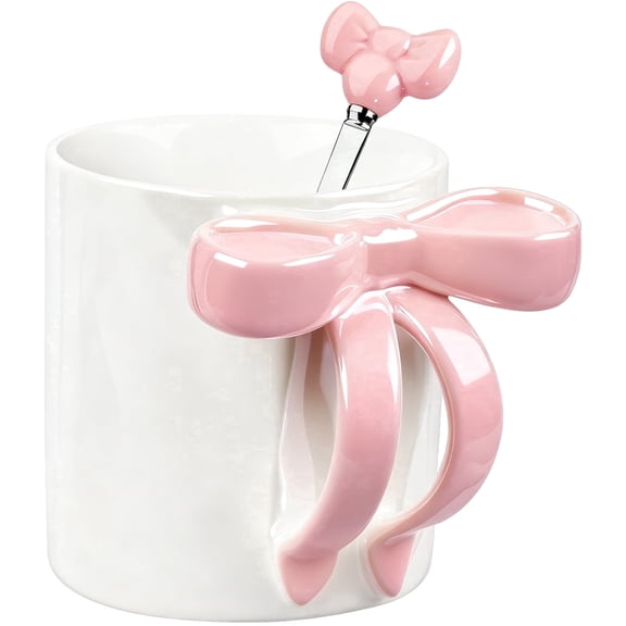 Farcauo 12 OZ Bow Coffee Mug Pink Ceramic Cute Mug Personalized Mug Coffee Cup Coquette Mug Porcelain Coffee Tea Cup for Women Girl