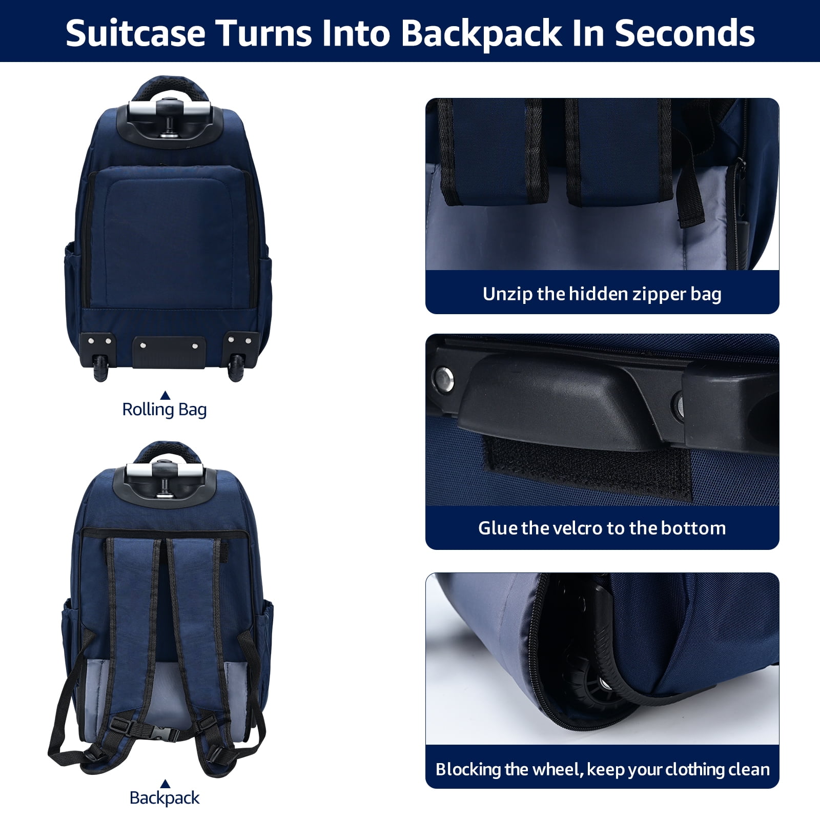 Lychee 18in Rolling Backpack Unisex Business College Bag Waterproof Luggage Trolley Laptop Bag Blue Walmart